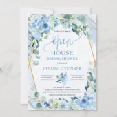 Romantisch blauw bloemeneucalyptus goud Open Huis Kaart (Voorkant)