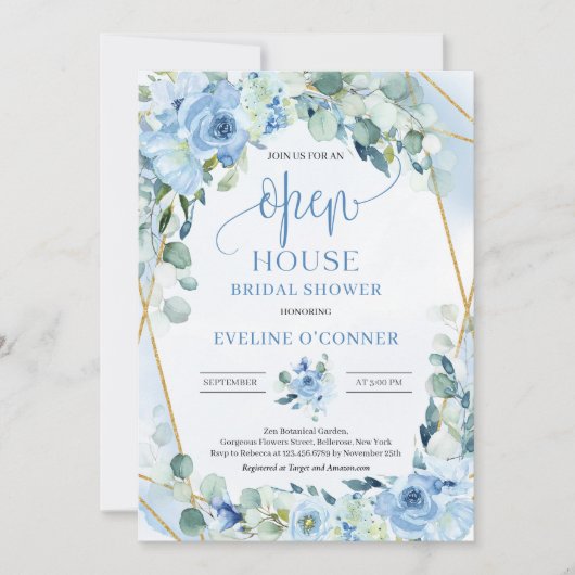 Romantisch blauw bloemeneucalyptus goud Open Huis Kaart (Voorkant)