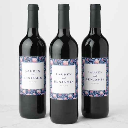 Romantisch Blauw Bloemmotief Wijn Etiket (Flessen)