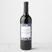 Romantisch Blauw Bloemmotief Wijn Etiket (Voorkant)