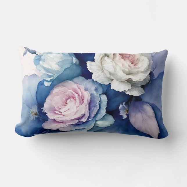 Romantisch Blauw en Blush Waterverf Rozen Floral A Kussen (Voorkant)