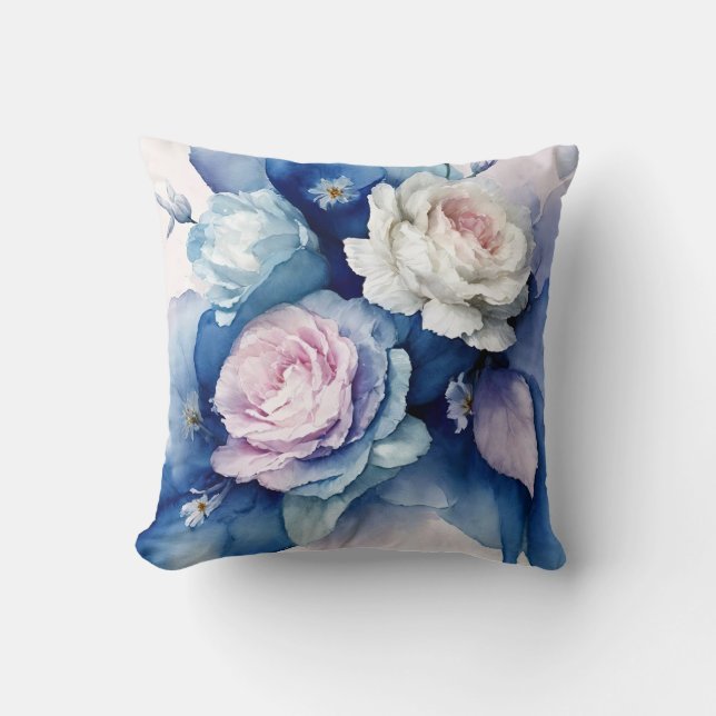 Romantisch Blauw en Blush Waterverf Rozen Floral A Kussen (Voorkant)
