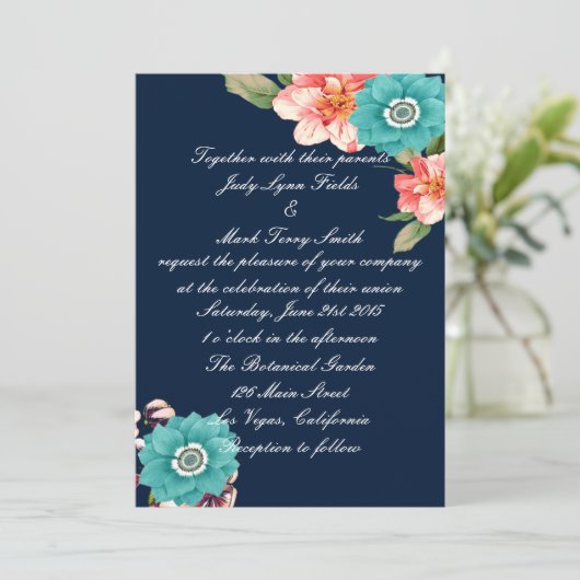 Romantisch blauw en roze Floral botanisch huwelijk Kaart (Staand voorkant)