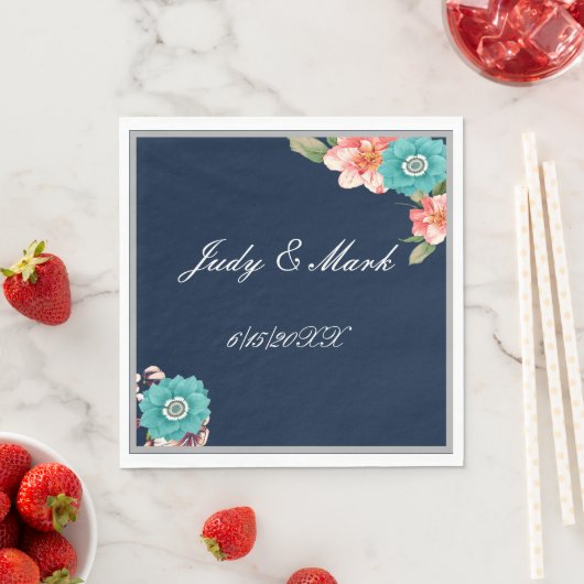 Romantisch blauw en roze Floral botanisch huwelijk Servet (Insitu)