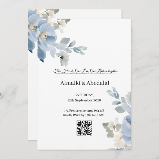 Romantisch Blauw en Witte Bloem Uitnodiging voor h (Voorkant / Achterkant)