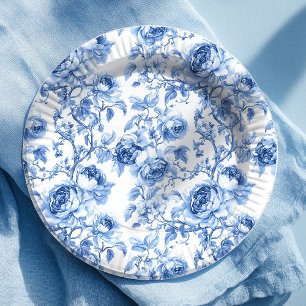 Romantisch Blauw Frans Toile Rozen Bloemmotief Pap Papieren Bordje