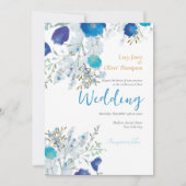Romantisch, Blauw & Goud, Bloemen bruiloft Kaart (Voorkant)