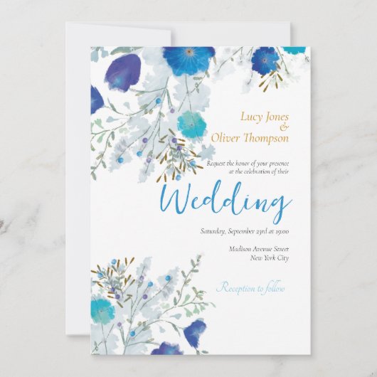 Romantisch, Blauw & Goud, Bloemen bruiloft Kaart (Voorkant)