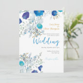 Romantisch, Blauw & Goud, Bloemen bruiloft Kaart (Staand voorkant)