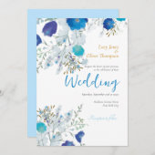 Romantisch, Blauw & Goud, Bloemen bruiloft Kaart (Voorkant / Achterkant)