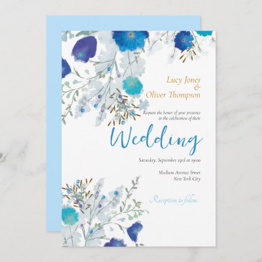 Romantisch, Blauw & Goud, Bloemen bruiloft Kaart (Voorkant / Achterkant)