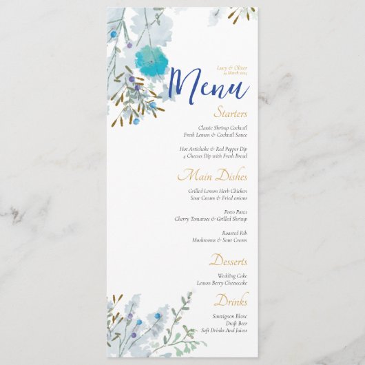 Romantisch, Blauw & Goud, Bloemen bruiloft Menu (Voorkant)