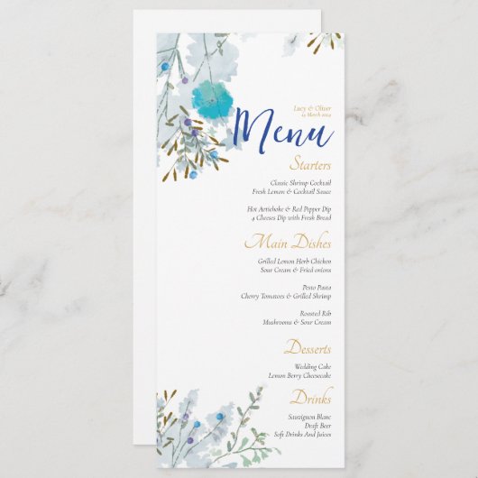 Romantisch, Blauw & Goud, Bloemen bruiloft Menu (Voorkant / Achterkant)