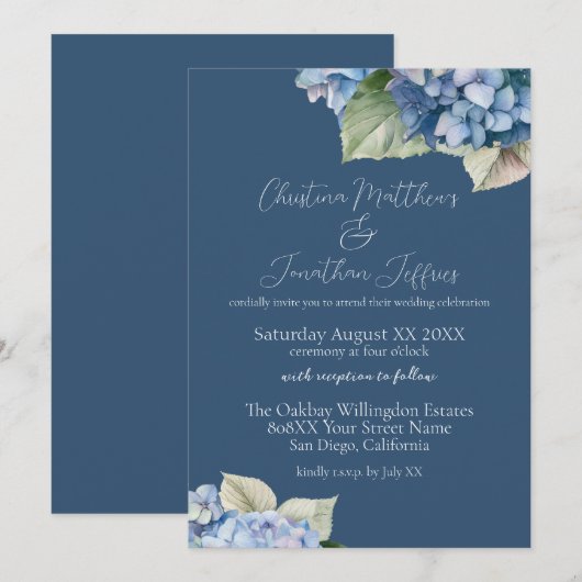 Romantisch Blauw Hydrangea Bloemen op Marine Kaart (Voorkant / Achterkant)