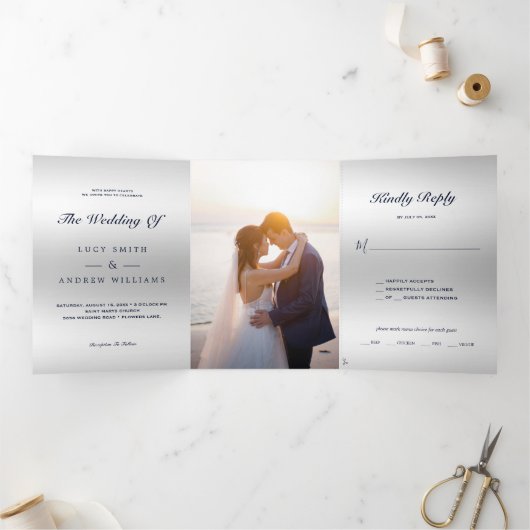 Romantisch Blauw Juweel Gem Bow QR Code Huwelijk Drieluik Uitnodiging (Binnen)