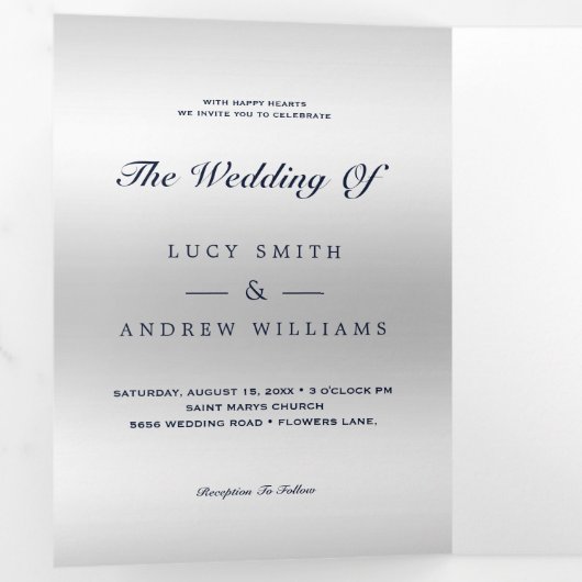 Romantisch Blauw Juweel Gem Bow QR Code Huwelijk Drieluik Uitnodiging (Binnenzijde eerst)