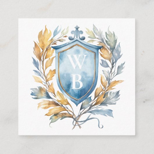 Romantisch Blauw Monogram Crest Bruiloft QR Code Informatiekaartje (Achterkant)