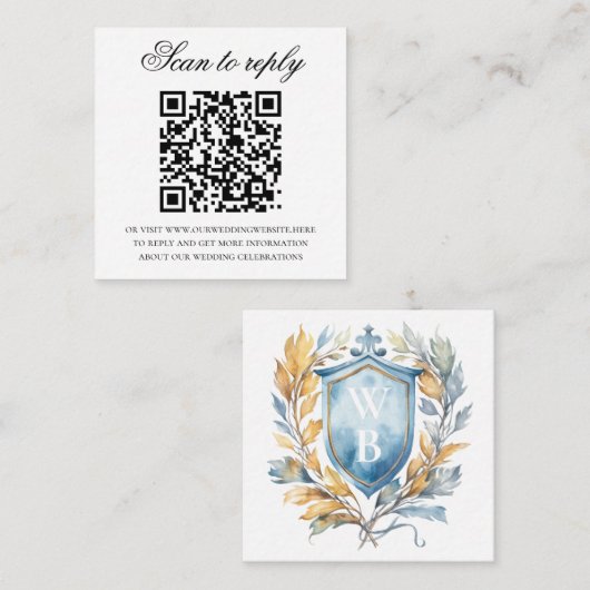 Romantisch Blauw Monogram Crest Bruiloft QR Code Informatiekaartje (Voorkant / Achterkant)