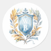 Romantisch Blauw Monogram Crest Bruiloft Ronde Sticker (Voorkant)