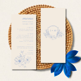 Romantisch Blauw Monogram Wapen Bloemachtig Trouwm Menu