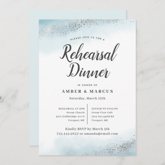 Romantisch blauw Ombre bruiloft repetitie diner Kaart (Voorkant / Achterkant)