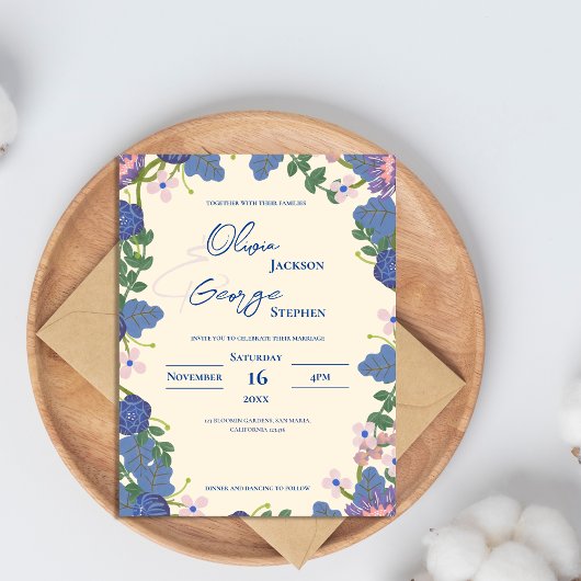 Romantisch Blauw & Paarse Bloemen Huwelijksuitnodi Briefkaart