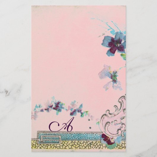 ROMANTISCH Blauw Roze Trouw Florale Monogram Briefpapier (Voorkant)