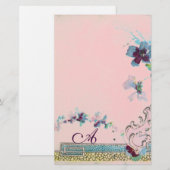 ROMANTISCH Blauw Roze Trouw Florale Monogram Briefpapier (Voorkant / Achterkant)