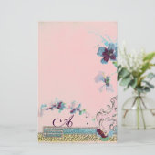 ROMANTISCH Blauw Roze Trouw Florale Monogram Briefpapier (Staand voorkant)