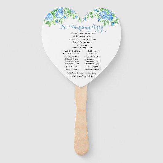Romantisch Blauw Rozen Floral Heart Trouwprogramma Handwaaier (Achterkant)