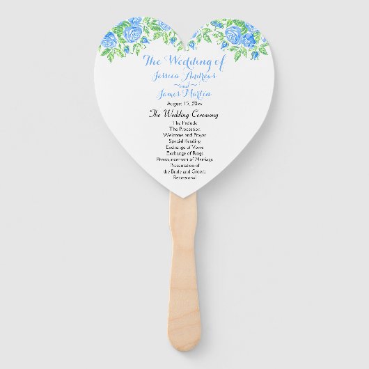 Romantisch Blauw Rozen Floral Heart Trouwprogramma Handwaaier (Voorkant)