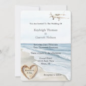 Romantisch Blauw Strand Oceaan Vliegtuig Hart Wedd Kaart (Voorkant)