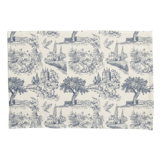 Romantisch Blauw Toile de Jouy, Franse landelijke  Kussensloop (Voorkant-Links)