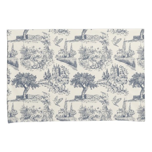 Romantisch Blauw Toile de Jouy, Franse landelijke  Kussensloop (Voorkant-Rechts)