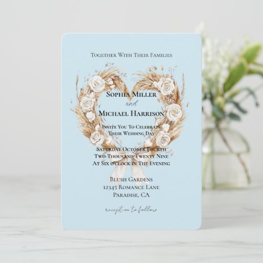 Romantisch Blauw Wit Bloemen Hart Wedding Kaart (Staand voorkant)
