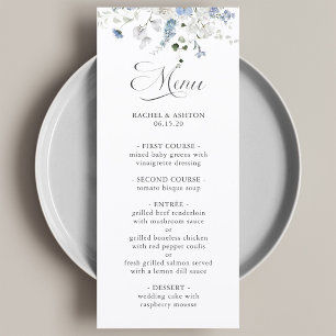 Romantisch blauw wit groen bloemend huwelijksmenu menu
