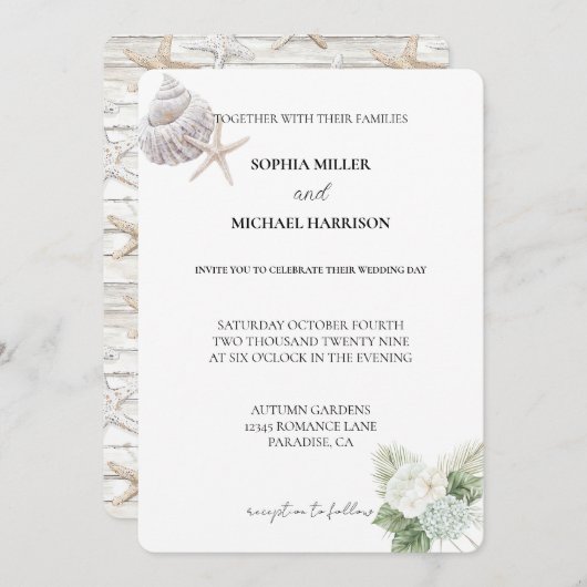 Romantisch Blauw Wit Hydrangea Bloemen Strand Huwe Kaart (Voorkant / Achterkant)