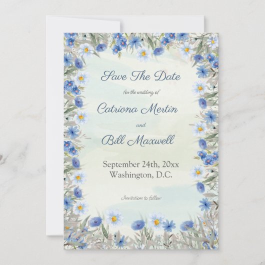 Romantisch Blauwe Bloemen Save the Date Kaart (Voorkant)