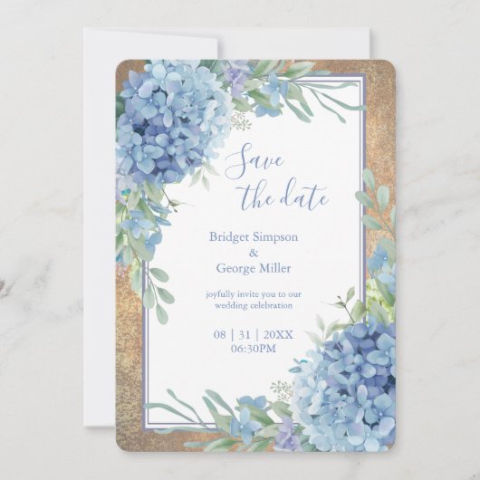 Romantisch Blauwe Hortensia Monogram Bewaar de dat Kaart (Voorkant)