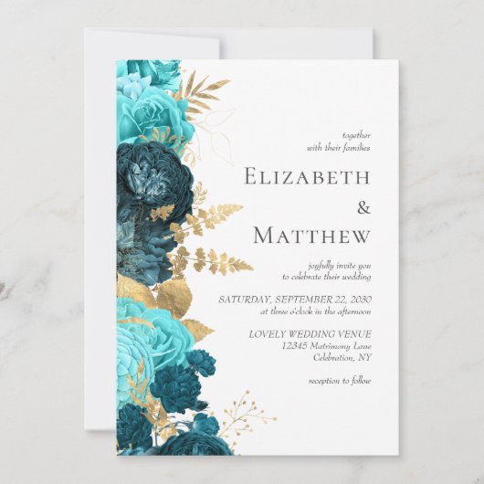 Romantisch Blauwgroen Blauw Goud Bloemen Bruiloft Kaart (Voorkant)