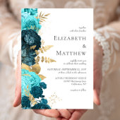 Romantisch Blauwgroen Blauw Goud Bloemen Bruiloft Kaart