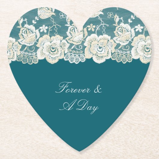 Romantisch Blauwgroen Blauw Wit Kant Bloemen Huwel Kartonnen Onderzetters (Voorkant)