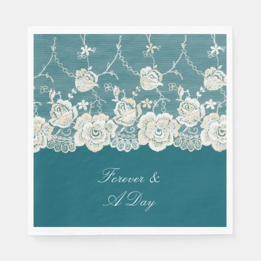 Romantisch Blauwgroen Blauw Wit Kant Bloemen Huwel Servet (Voorkant)