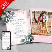 Romantisch Blauwgroen Blush Foto QR Code RSVP Brui Kaart