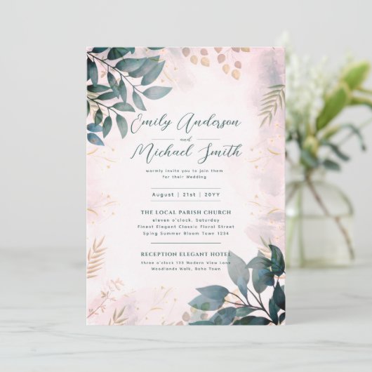 Romantisch Blauwgroen Blush Foto QR Code RSVP Brui Kaart (Staand voorkant)