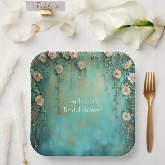 Romantisch Blauwgroen Blush Roze Bloemen Vrijgezel Papieren Bordje (Huwelijk)