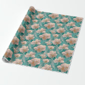  Romantisch Blauwgroen en Roze Floral design Cadeaupapier (Uitgerold)