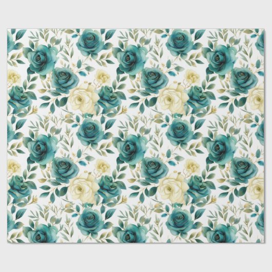 Romantisch Blauwgroen Green Cream Roos Bloemen Cadeaupapier (Vlak)