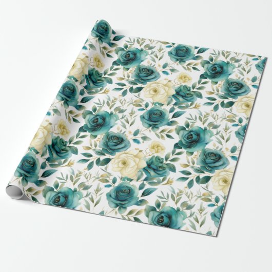 Romantisch Blauwgroen Green Cream Roos Bloemen Cadeaupapier (Uitgerold)