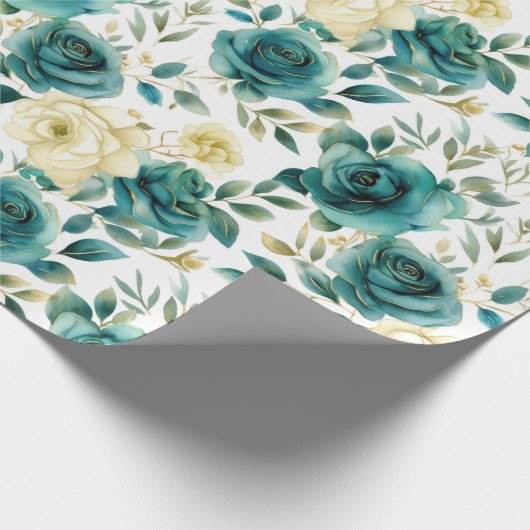 Romantisch Blauwgroen Green Cream Roos Bloemen Cadeaupapier (Hoek)